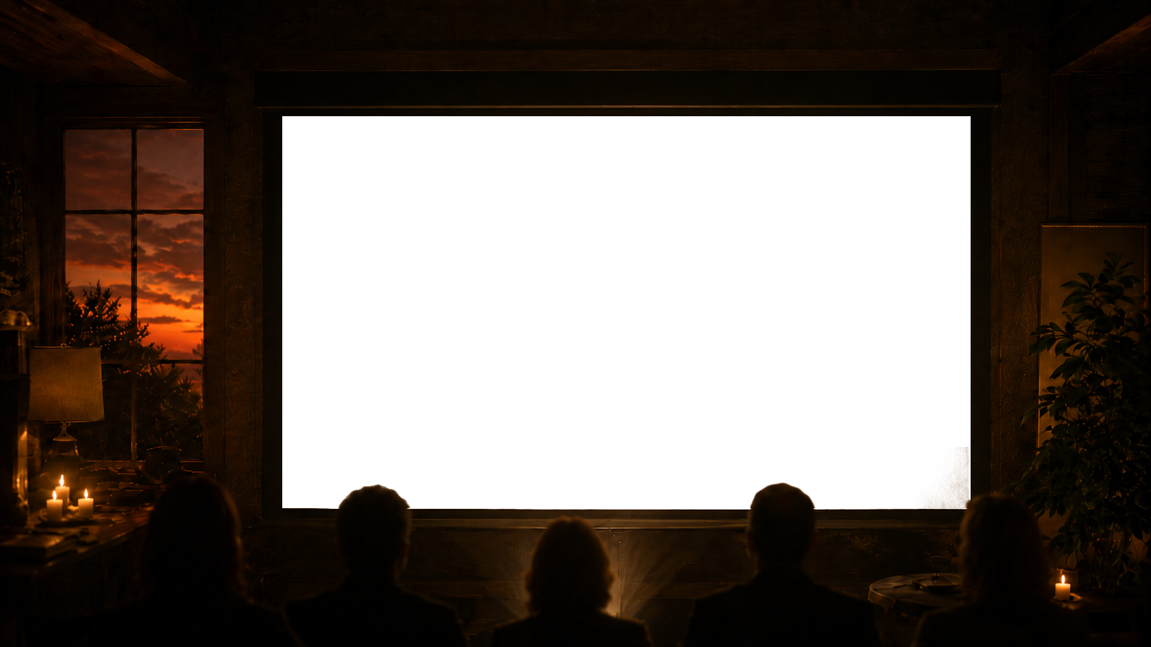 Ein warmes Wohnzimmer-Kino: Silhouetten einer Familie vor einer Leinwand