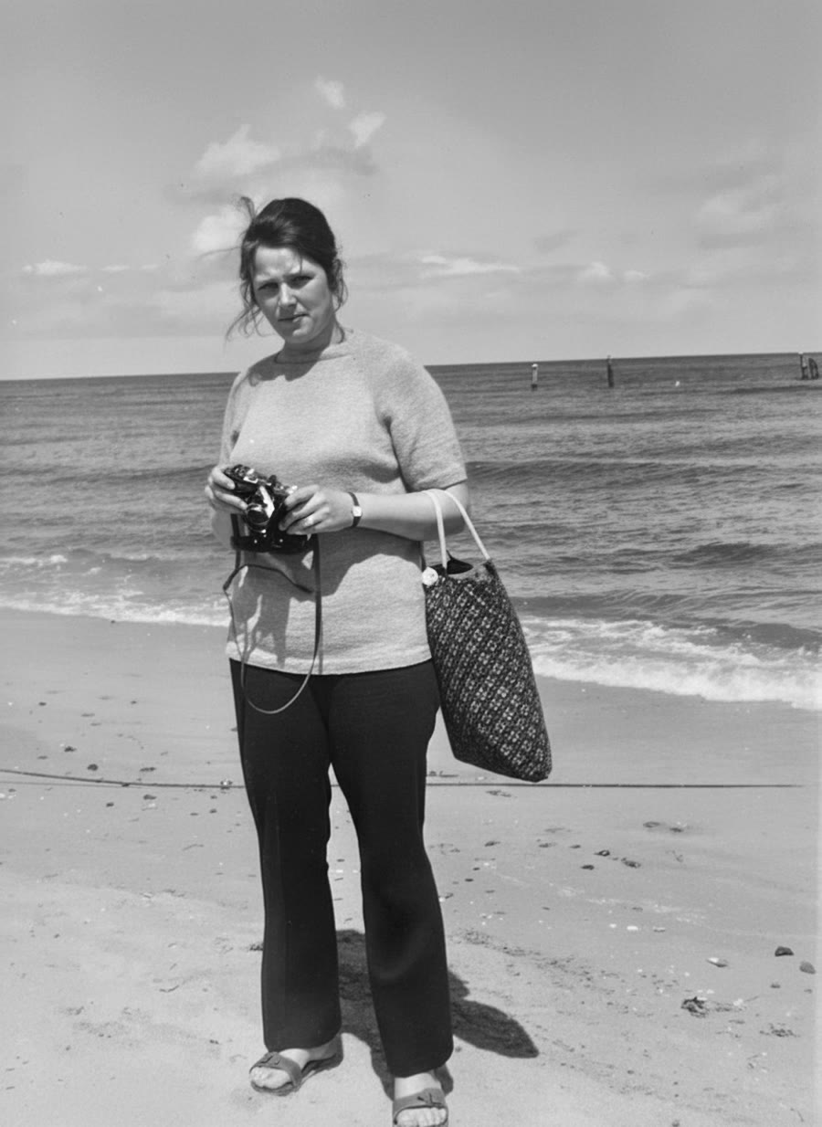 Schwarz-Weiß-Aufnahme: Frau mit Fotokamera am Strand